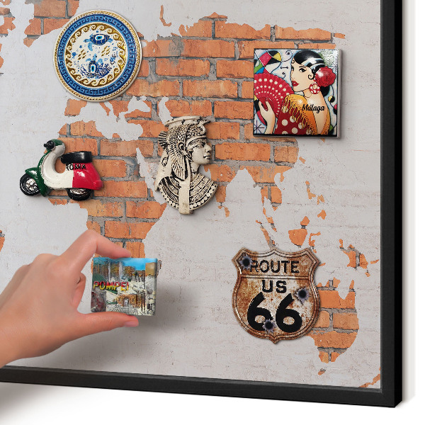 Metal wall board for magnets in a black frame Brick map