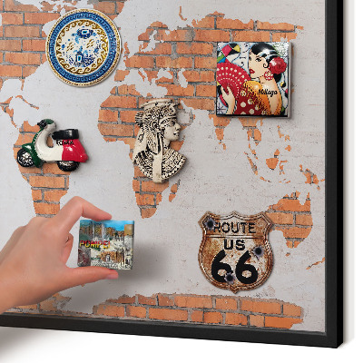 Metal wall board for magnets in a black frame Brick map