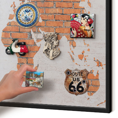 Metal wall board for magnets in a black frame Brick map