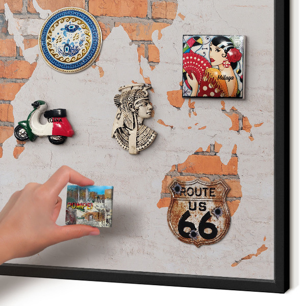 Metal wall board for magnets in a black frame Brick map