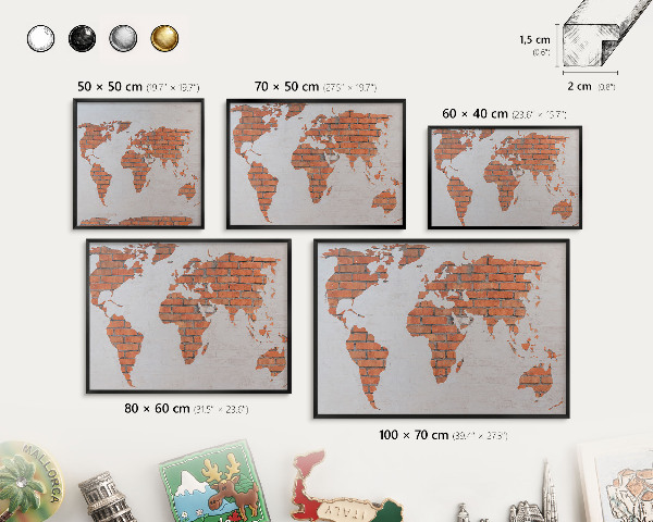 Metal wall board for magnets in a black frame Brick map