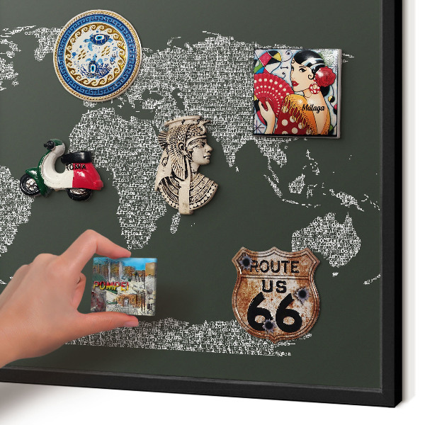 Metal wall board for magnets in a black frame Text map