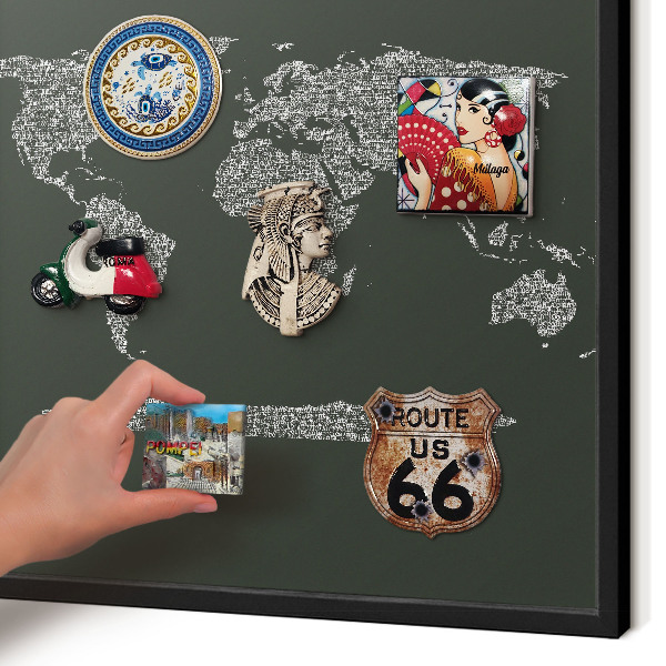 Metal wall board for magnets in a black frame Text map