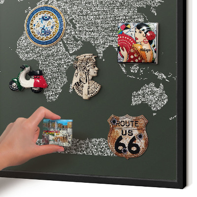 Metal wall board for magnets in a black frame Text map