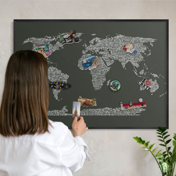 Metal wall board for magnets in a black frame Text map