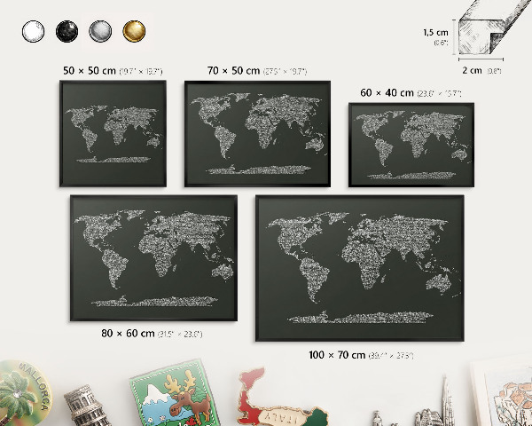 Metal wall board for magnets in a black frame Text map