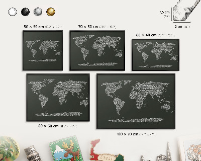 Metal wall board for magnets in a black frame Text map