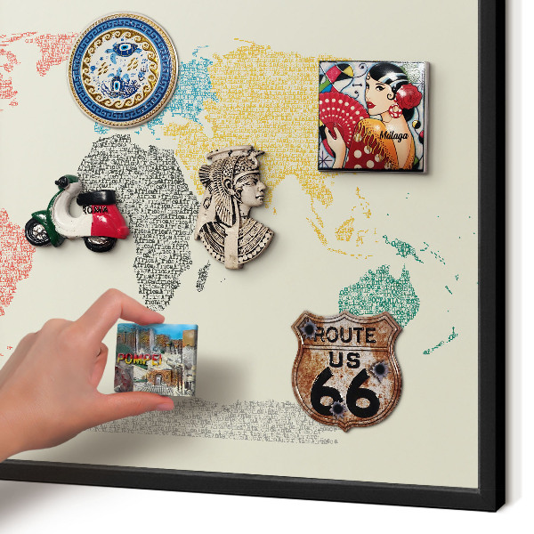 Vacation magnet board with a black frame World map