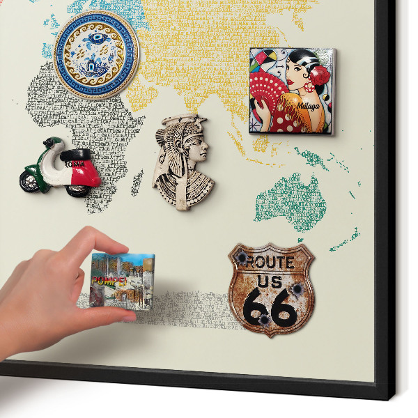 Vacation magnet board with a black frame World map