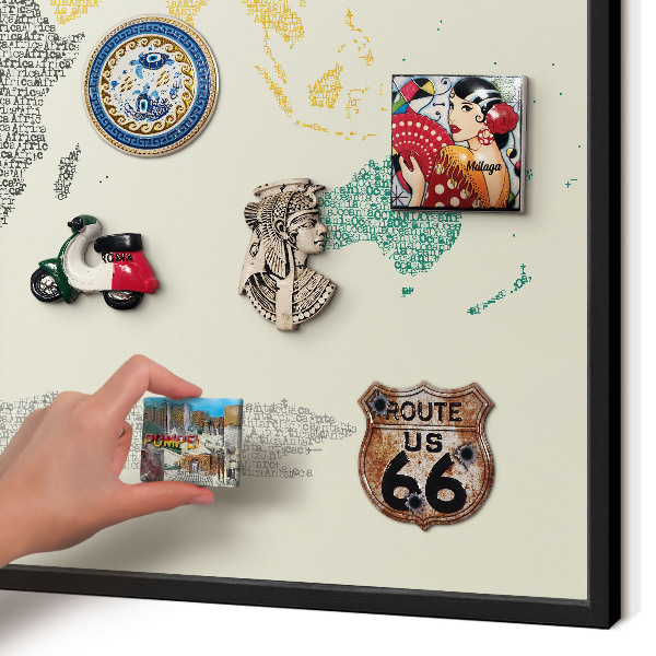 Vacation magnet board with a black frame World map