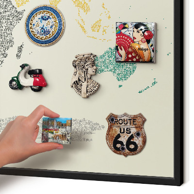 Vacation magnet board with a black frame World map