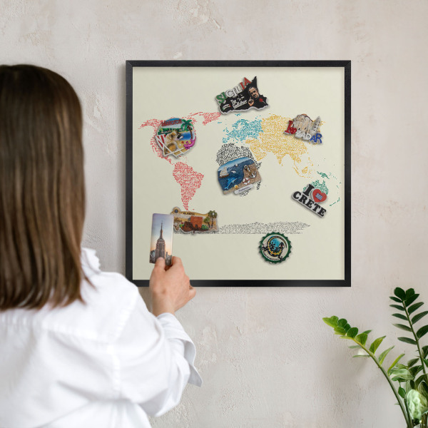 Vacation magnet board with a black frame World map