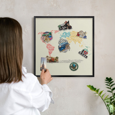 Vacation magnet board with a black frame World map