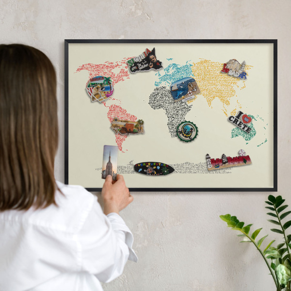 Vacation magnet board with a black frame World map