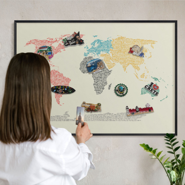 Vacation magnet board with a black frame World map