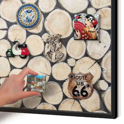 Metal wall board for magnets in a black frame Wooden texture