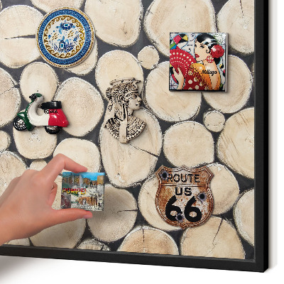Metal wall board for magnets in a black frame Wooden texture