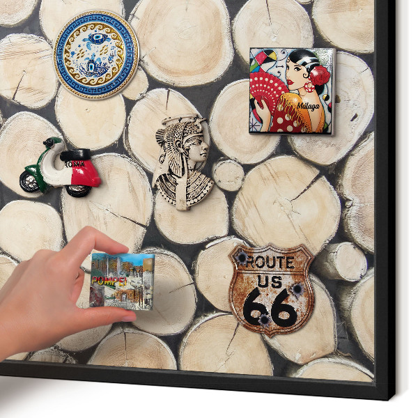 Metal wall board for magnets in a black frame Wooden texture