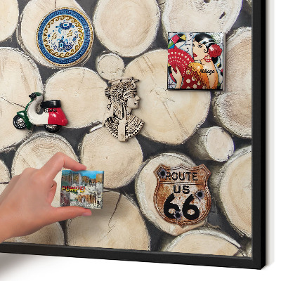 Metal wall board for magnets in a black frame Wooden texture