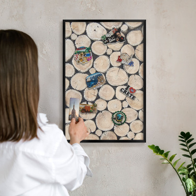 Metal wall board for magnets in a black frame Wooden texture