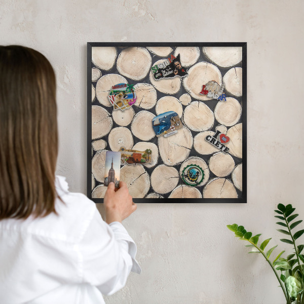 Metal wall board for magnets in a black frame Wooden texture