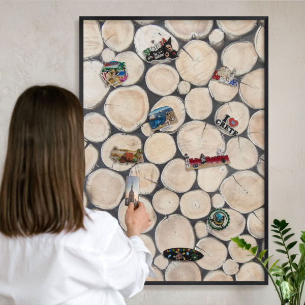 Metal wall board for magnets in a black frame Wooden texture