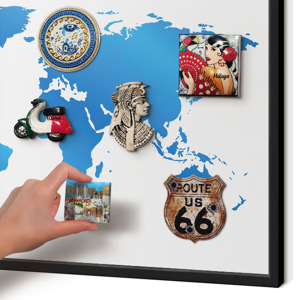 Vacation magnet board with a black frame World map