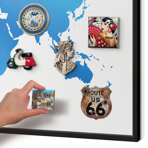 Vacation magnet board with a black frame World map