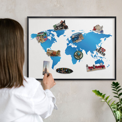 Vacation magnet board with a black frame World map