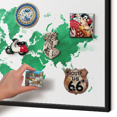 Metal wall board for magnets in a black frame Green map