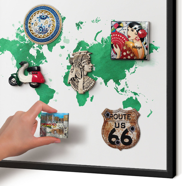 Metal wall board for magnets in a black frame Green map
