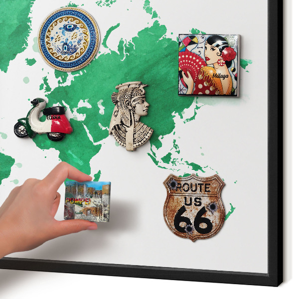 Metal wall board for magnets in a black frame Green map