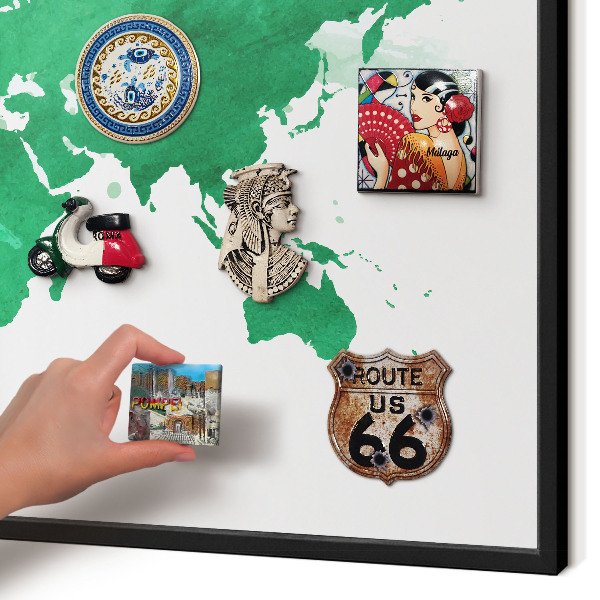 Metal wall board for magnets in a black frame Green map