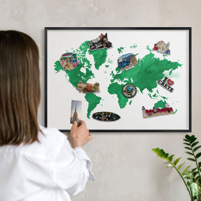 Metal wall board for magnets in a black frame Green map