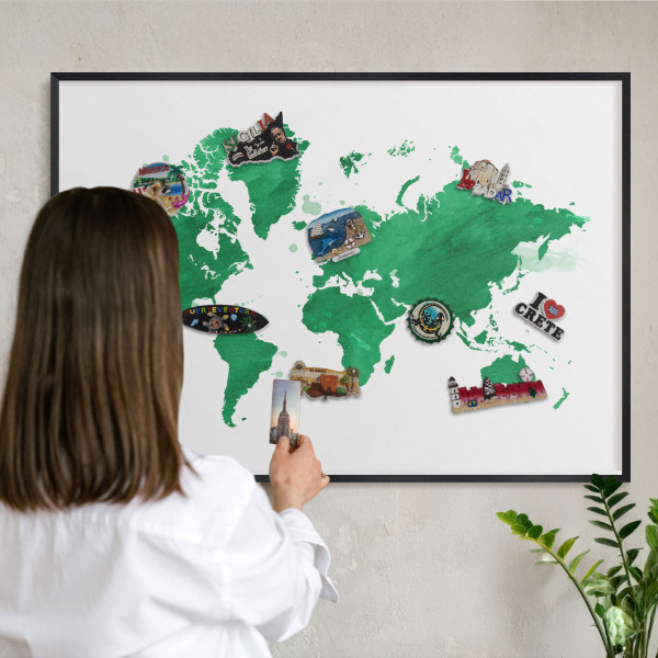 Metal wall board for magnets in a black frame Green map