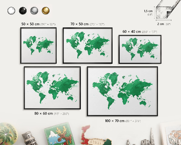 Metal wall board for magnets in a black frame Green map