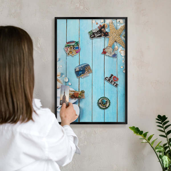 Vacation magnet board with a black frame Holiday rest