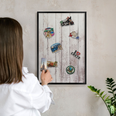 Vacation magnet board with a black frame Light wood