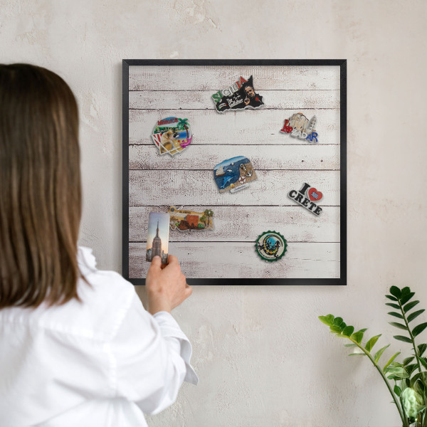 Vacation magnet board with a black frame Light wood