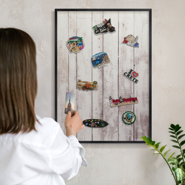 Vacation magnet board with a black frame Light wood