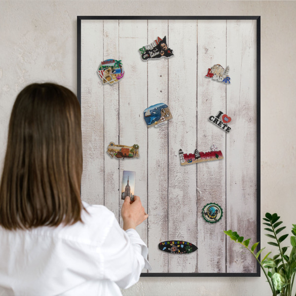 Vacation magnet board with a black frame Light wood