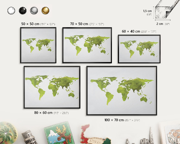 Vacation magnet board with a black frame Green map