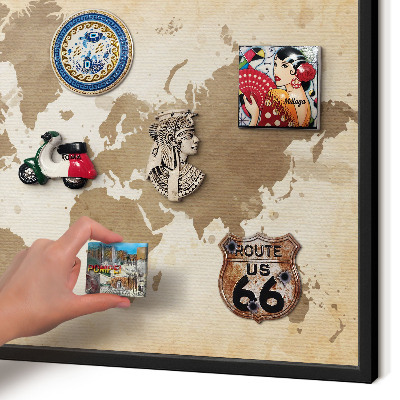 Metal wall board for magnets in a black frame World map