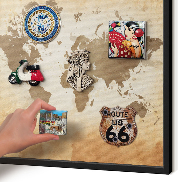 Metal wall board for magnets in a black frame World map