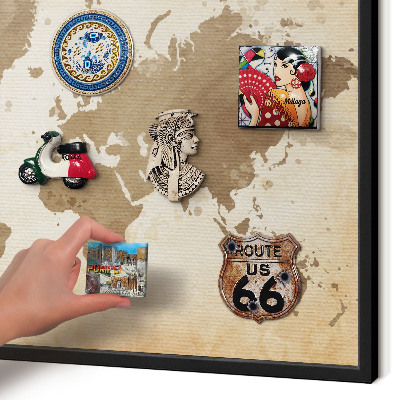 Metal wall board for magnets in a black frame World map