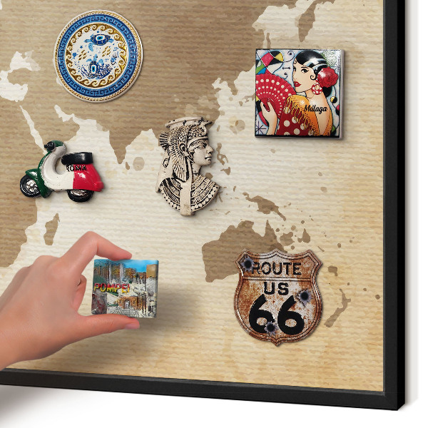 Metal wall board for magnets in a black frame World map