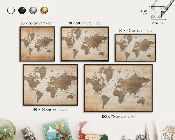 Metal wall board for magnets in a black frame World map
