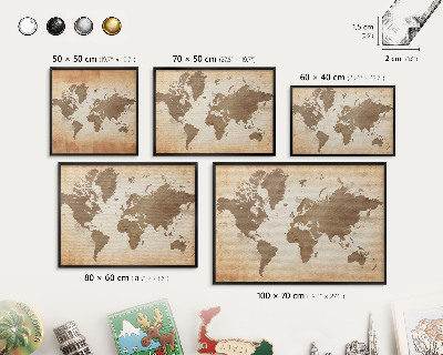 Metal wall board for magnets in a black frame World map
