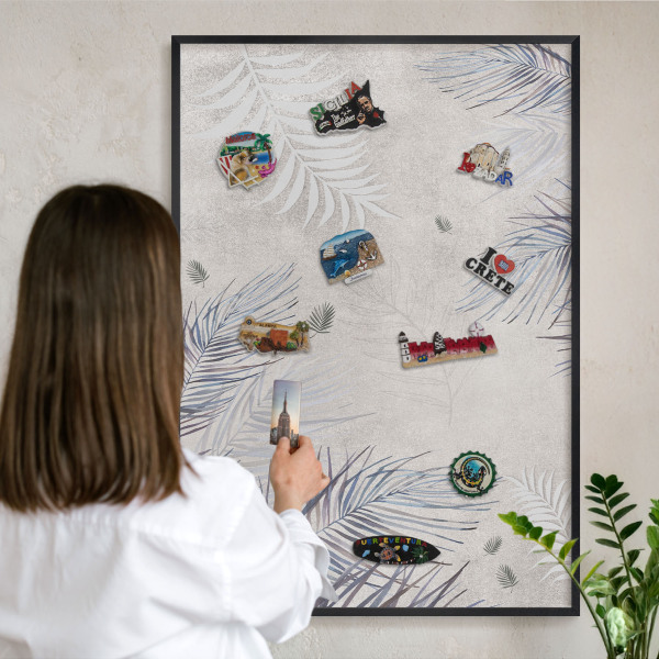 Metal wall board for magnets in a black frame Leafy elegance
