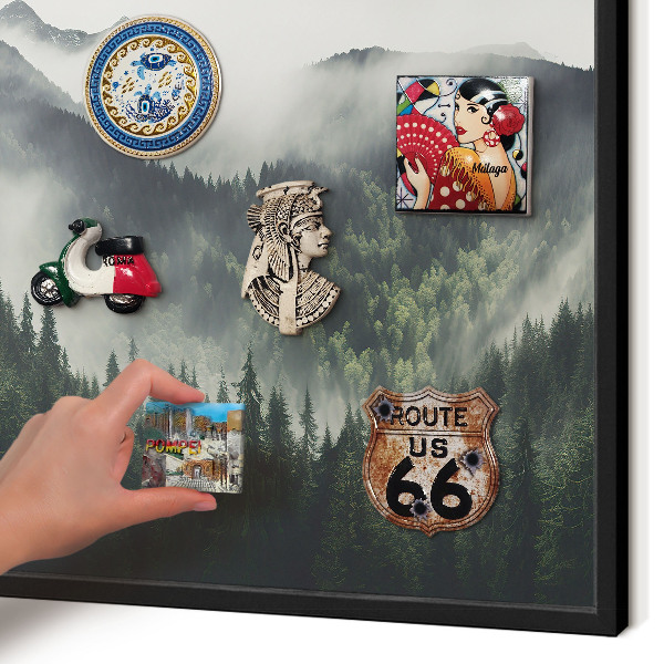 Vacation magnet board with a black frame Green mountains